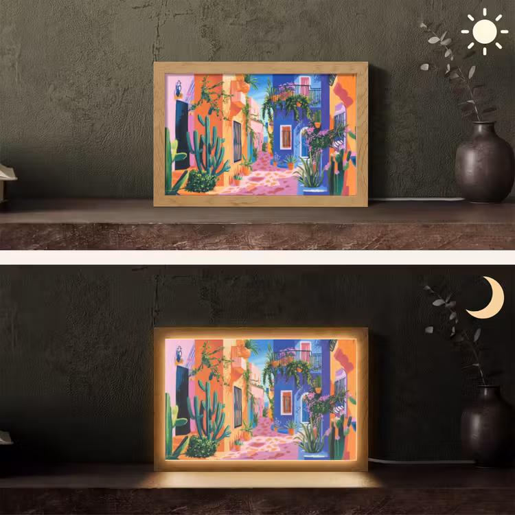 Geel - Blauw - Oranje - Huis Light Box met kabel (Tafellamp) klein -sfeer3