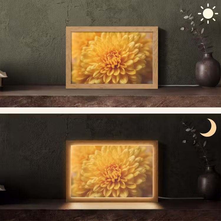 Geel - Chrysant - Zachtheid Light Box met kabel (Tafellamp) klein -sfeer3