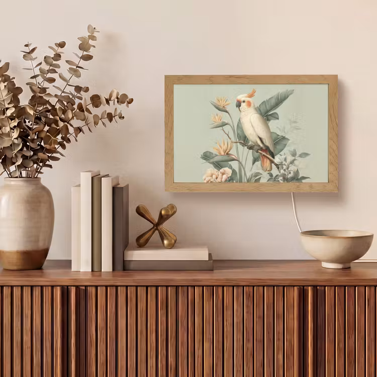 Gele kuifkaketoe - paradijsvogelbloemen - Groen Light Box met kabel (Tafellamp) klein -sfeer2