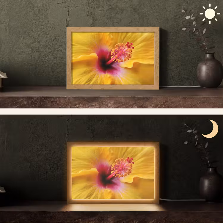 Geel - Hibiscus - Tropisch Light Box met kabel (Tafellamp) klein -sfeer3