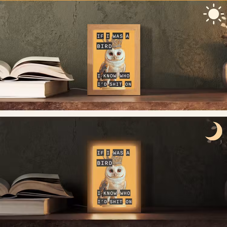 Geel - Uil - Vogel - Decoratie Light Box met kabel (Tafellamp) klein -sfeer3