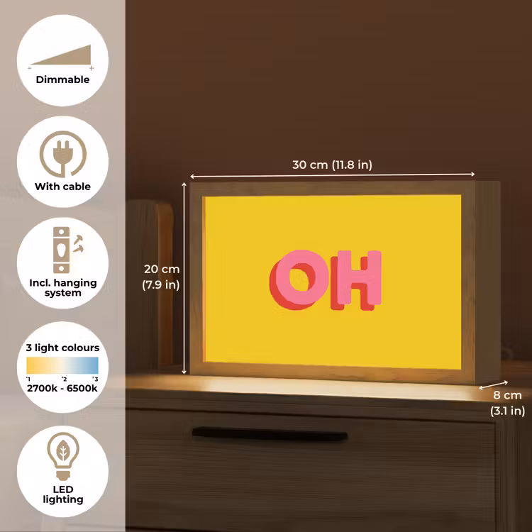 Geel - Roze - Oh - 3D Light Box met kabel (Tafellamp) klein -USP_EN
