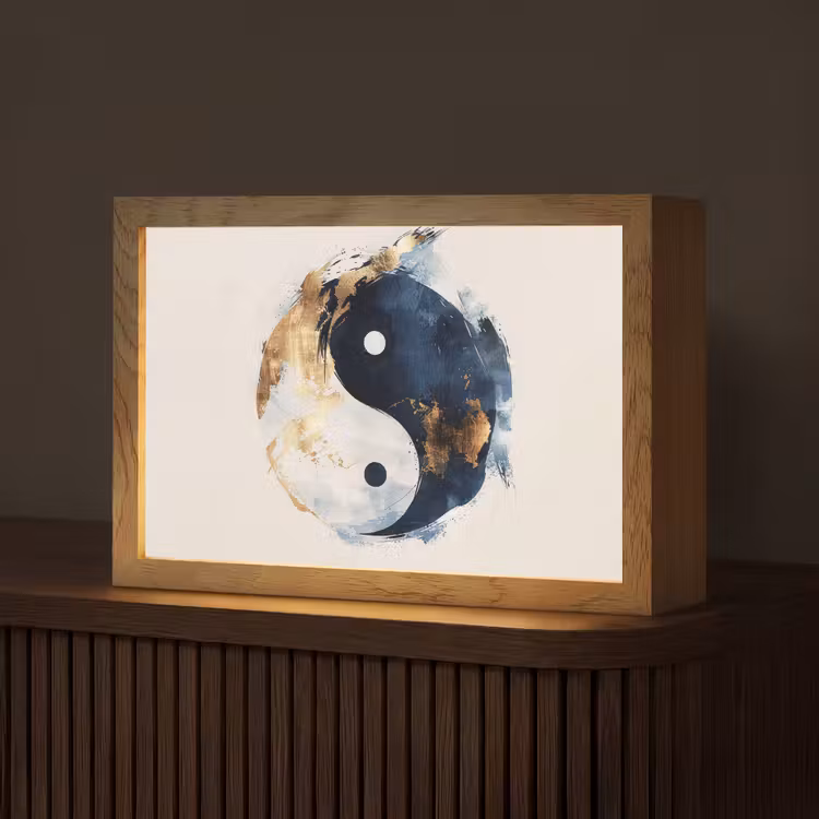 Yin Yang - Abstract - Zwart - Wit - Goud Light Box met kabel (Tafellamp) klein -z3d_website