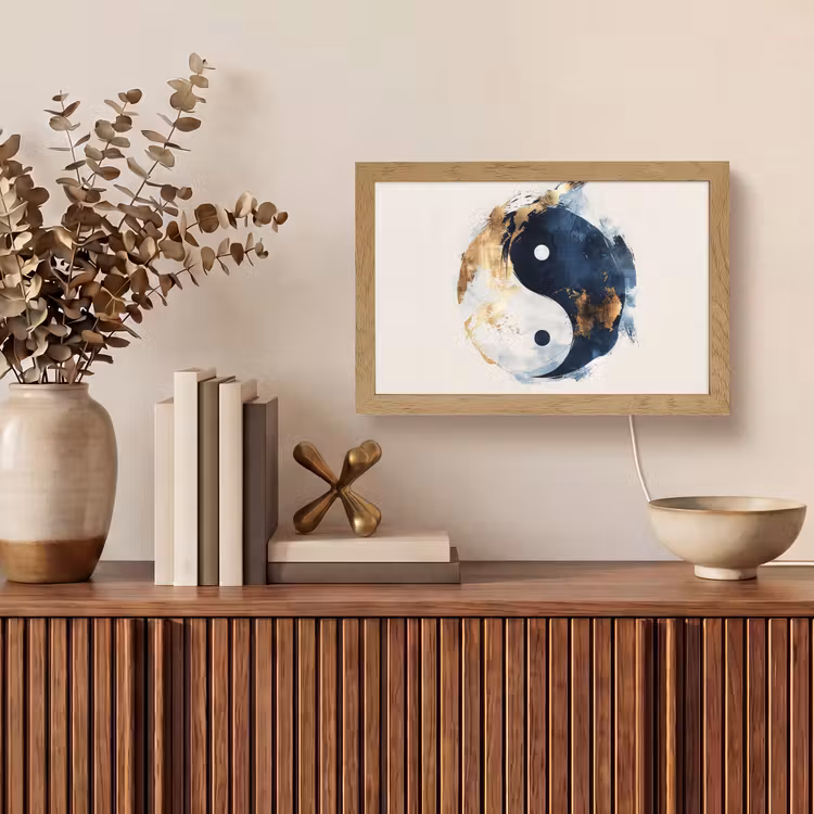 Yin Yang - Abstract - Zwart - Wit - Goud Light Box met kabel (Tafellamp) klein -sfeer2