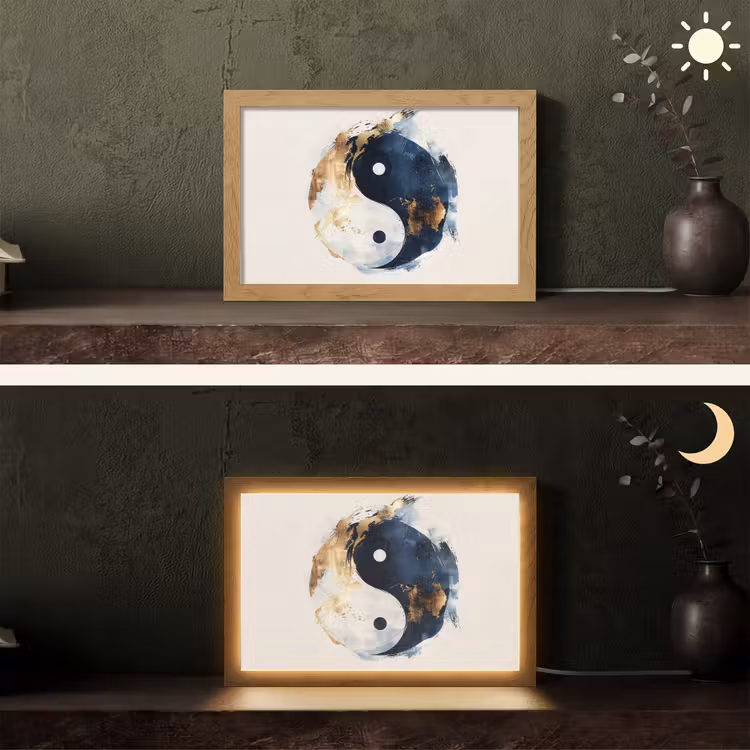 Yin Yang - Abstract - Zwart - Wit - Goud Light Box met kabel (Tafellamp) klein -sfeer3