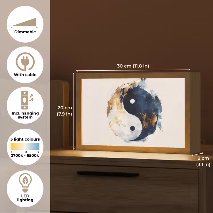 Yin Yang - Abstract - Zwart - Wit - Goud Light Box met kabel (Tafellamp) klein -USP_EN
