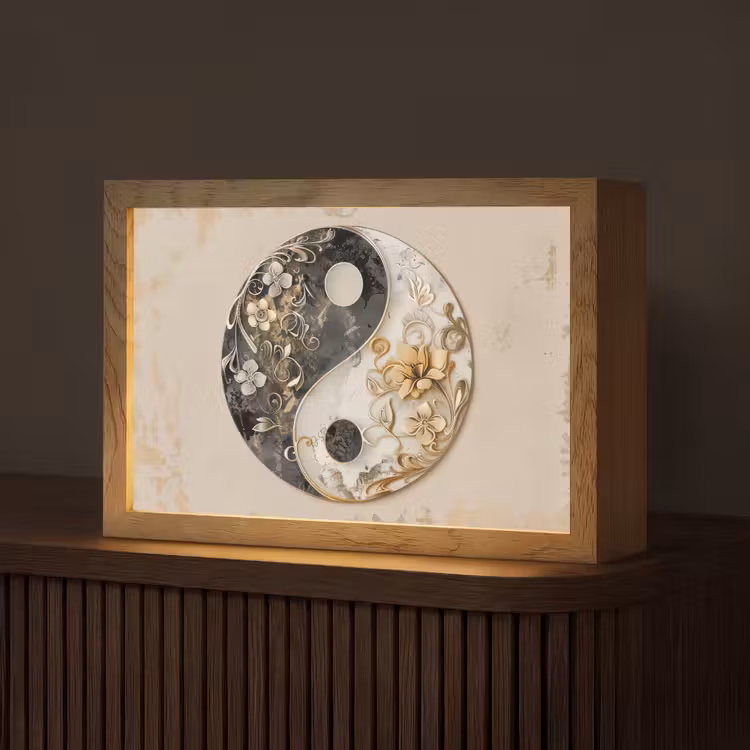 Yin Yang - Bloemen - Zwart - Wit - Vintage Light Box met kabel (Tafellamp) klein -z3d_website