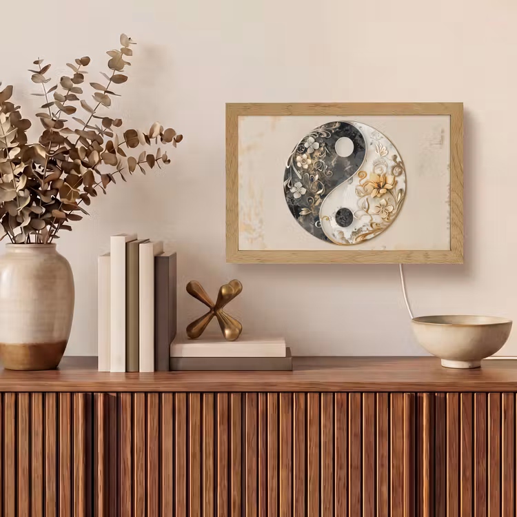 Yin Yang - Bloemen - Zwart - Wit - Vintage Light Box met kabel (Tafellamp) klein -sfeer2