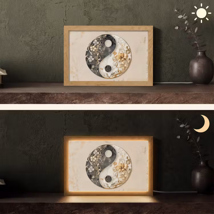 Yin Yang - Bloemen - Zwart - Wit - Vintage Light Box met kabel (Tafellamp) klein -sfeer3