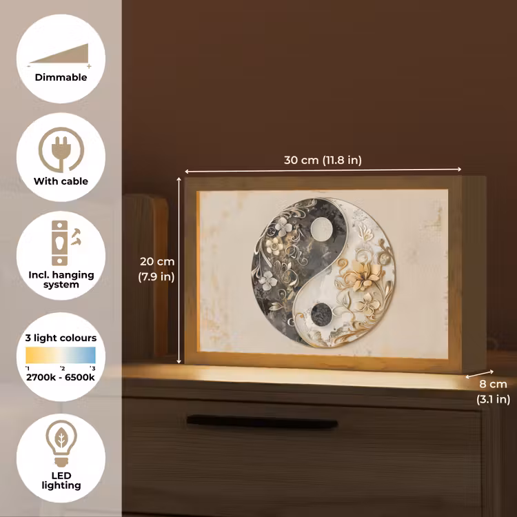 Yin Yang - Bloemen - Zwart - Wit - Vintage Light Box met kabel (Tafellamp) klein -USP_EN