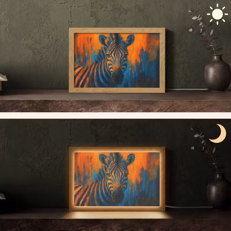 Zebra - Abstract - Blauw Light Box met kabel (Tafellamp) klein -sfeer3