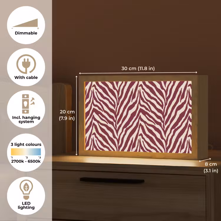 Zebra - Motief - Bordeaux - Rood Light Box met kabel (Tafellamp) klein 924 -USP_EN