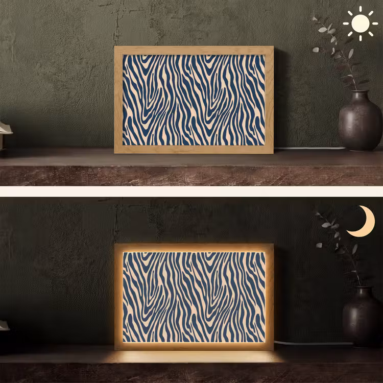 Zebra - Patroon - Blauw - Beige Light Box met kabel (Tafellamp) klein 924 -sfeer3