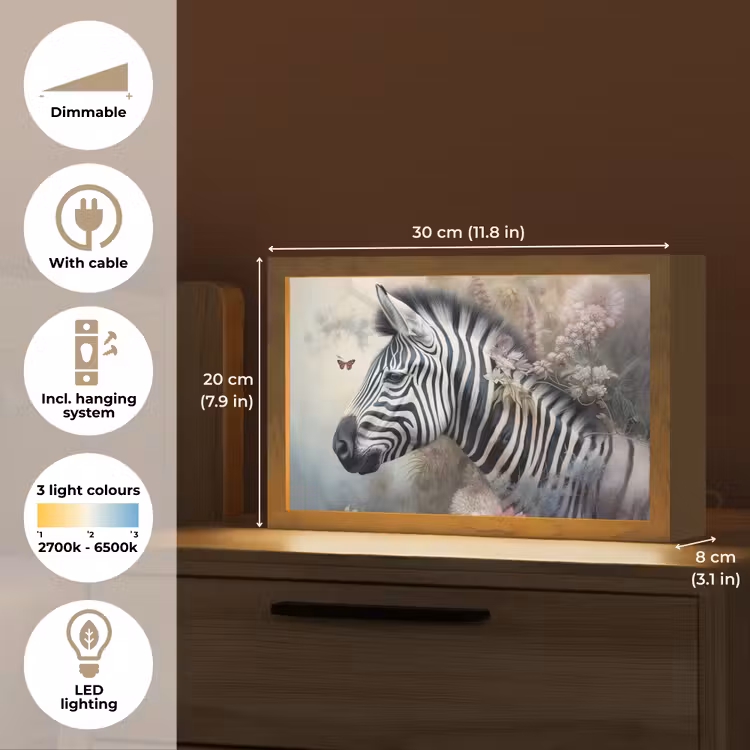 Zebra - Wilde dieren - Vlinder - Bloemen Light Box met kabel (Tafellamp) klein -USP_EN