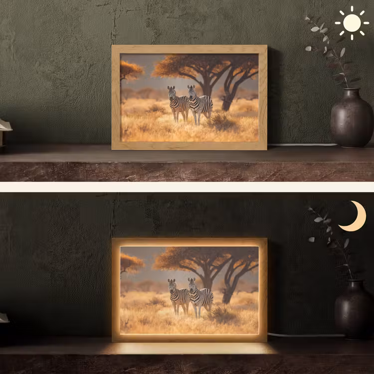 Zebra's - Savannelandschap - Gras Light Box met kabel (Tafellamp) klein -sfeer3