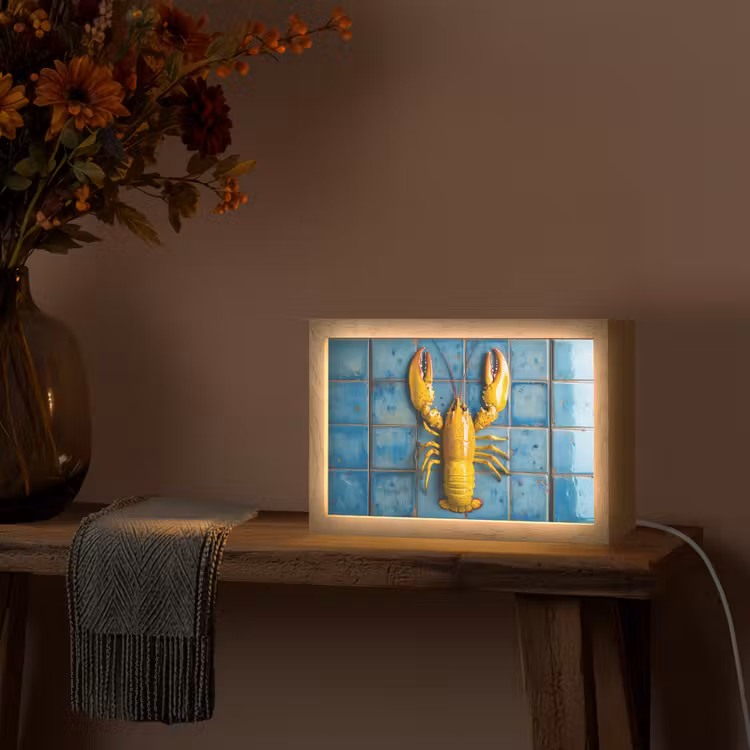 Kreeft - Geel - Blauw - Tegels Light Box met kabel (Tafellamp) klein -sfeer4