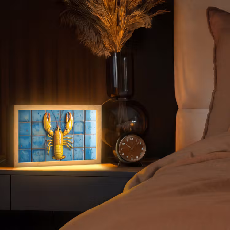 Kreeft - Geel - Blauw - Tegels Light Box met kabel (Tafellamp) klein -sfeer1