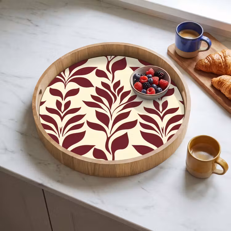 Abstract - Bladeren - Burgundy Dienblad Rond middel 914 -sfeer2