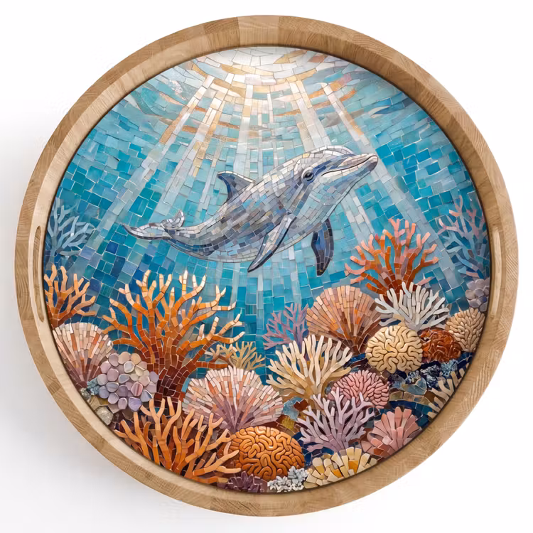 Dieren - Mozaïek - Oceaan - Koraal - Blauw Dienblad Rond middel -z3d_shopping