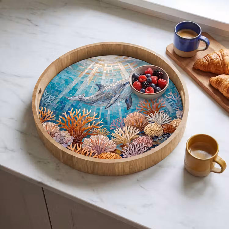 Dieren - Mozaïek - Oceaan - Koraal - Blauw Dienblad Rond middel -sfeer2