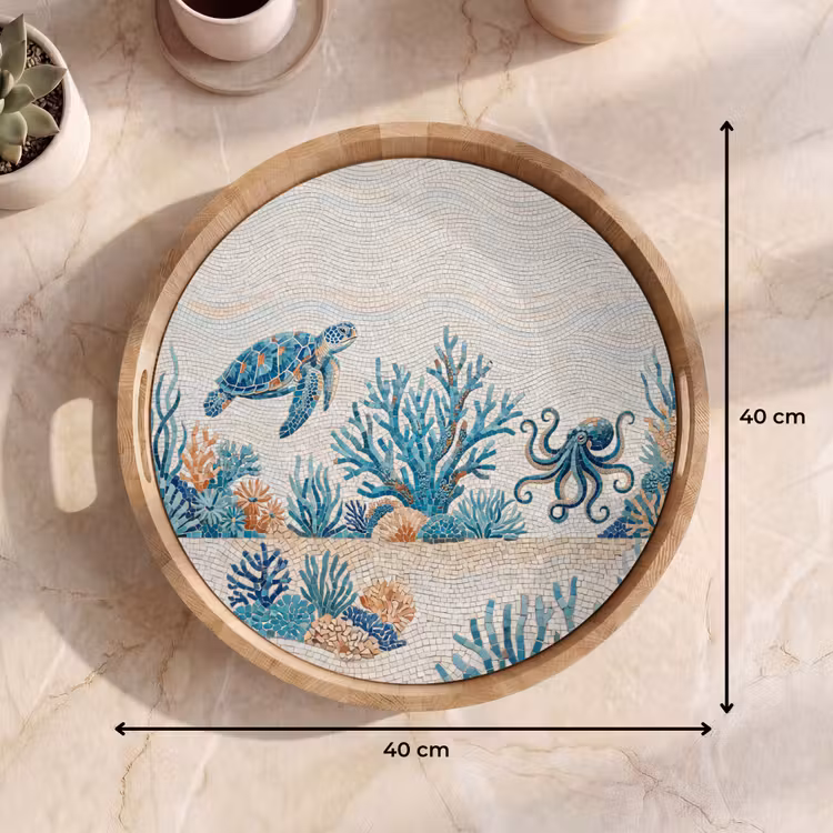 Dieren - Onderwater - Natuur - Mozaïek - Blauw Dienblad Rond middel -USP_Formaat