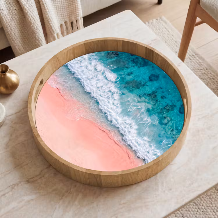 Strand - Oceaan - Golven - Roze Zand - Natuur Dienblad Rond middel -sfeer1