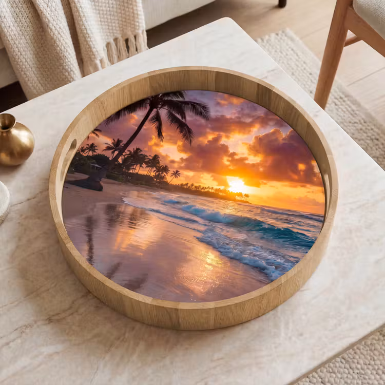 Strand - Zonsopgang - Tropisch - Natuur - Oranje Dienblad Rond middel -sfeer1