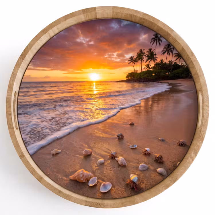 Strand - Zonsondergang - Palmbomen - Natuur - Oranje Dienblad Rond middel -z3d_shopping