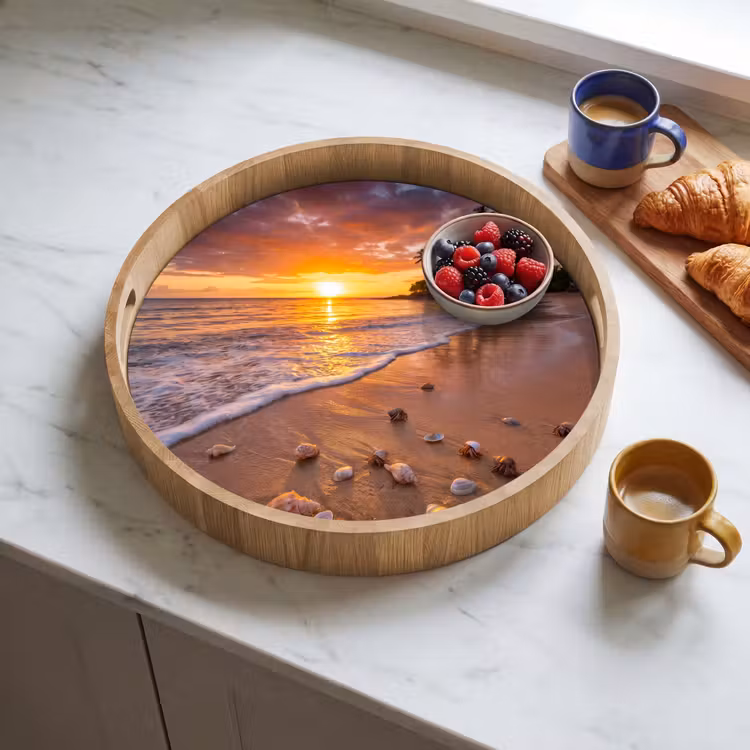 Strand - Zonsondergang - Palmbomen - Natuur - Oranje Dienblad Rond middel -sfeer2