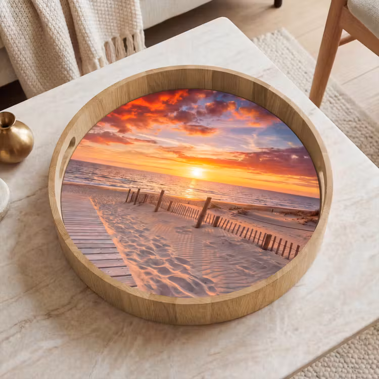 Strand - Zonsondergang - Zee - Natuur - Oranje Dienblad Rond middel -sfeer1