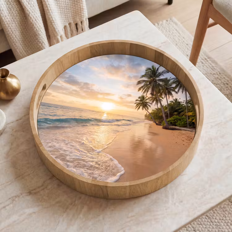 Strand - Zonsondergang - Tropisch - Natuur - Goud Dienblad Rond middel -sfeer1
