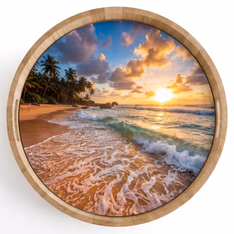 Strand - Zonsondergang - Golven - Natuur - Goud Dienblad Rond middel -z3d_shopping
