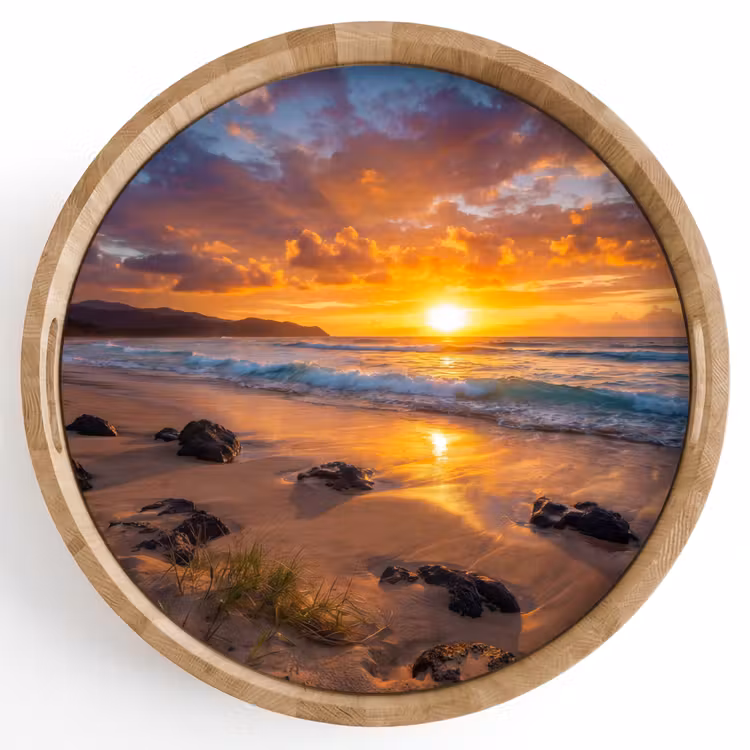 Strand - Zonsondergang - Golven - Natuur - Oranje Dienblad Rond middel -z3d_shopping