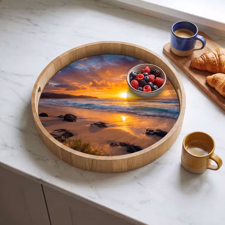 Strand - Zonsondergang - Golven - Natuur - Oranje Dienblad Rond middel -sfeer2