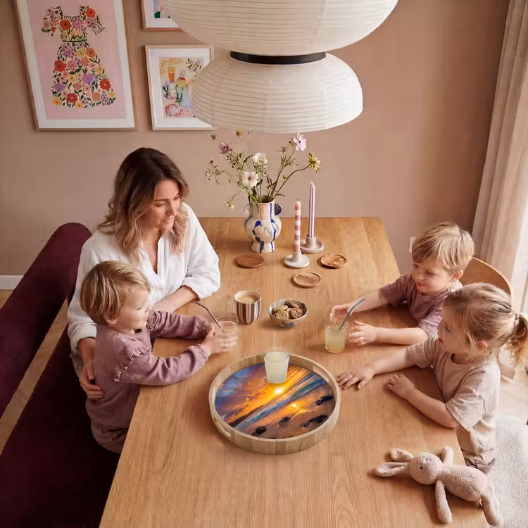 Strand - Zonsondergang - Golven - Natuur - Oranje Dienblad Rond middel -sfeer4