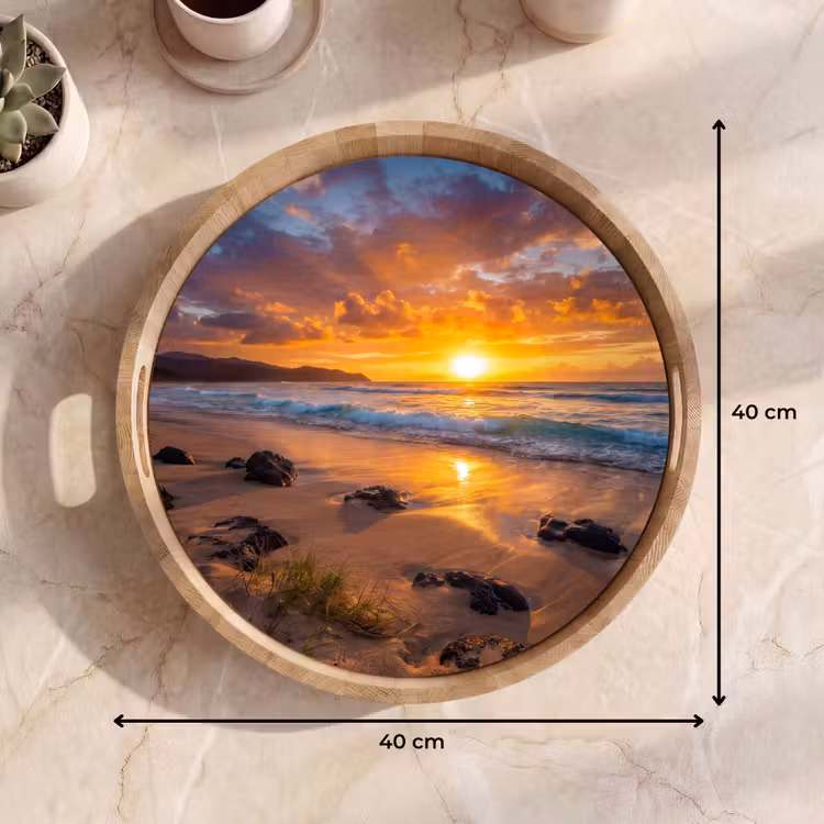 Strand - Zonsondergang - Golven - Natuur - Oranje Dienblad Rond middel -USP_Formaat
