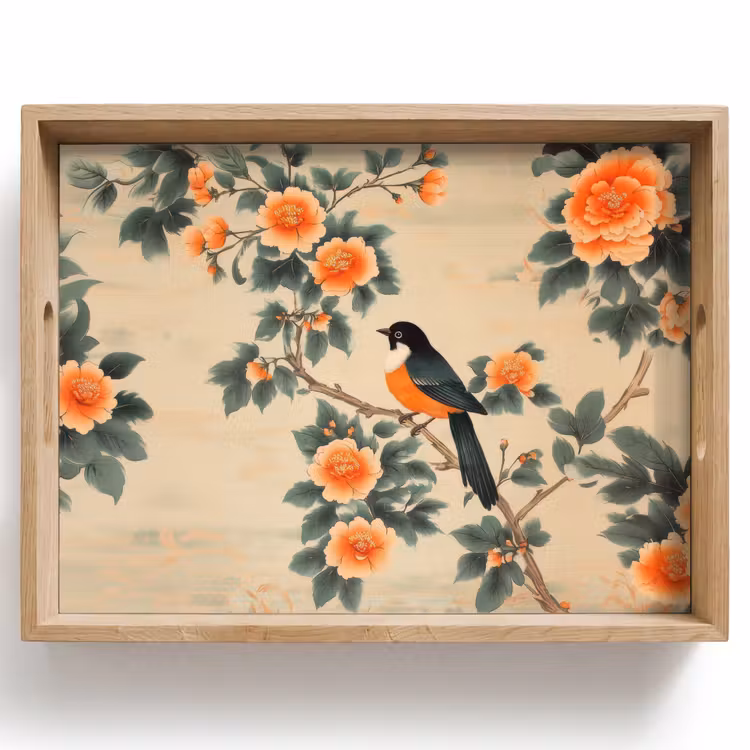 Vogel - Tak - Bloemen - Oranje Dienblad Rechthoek middel -z3d_shopping