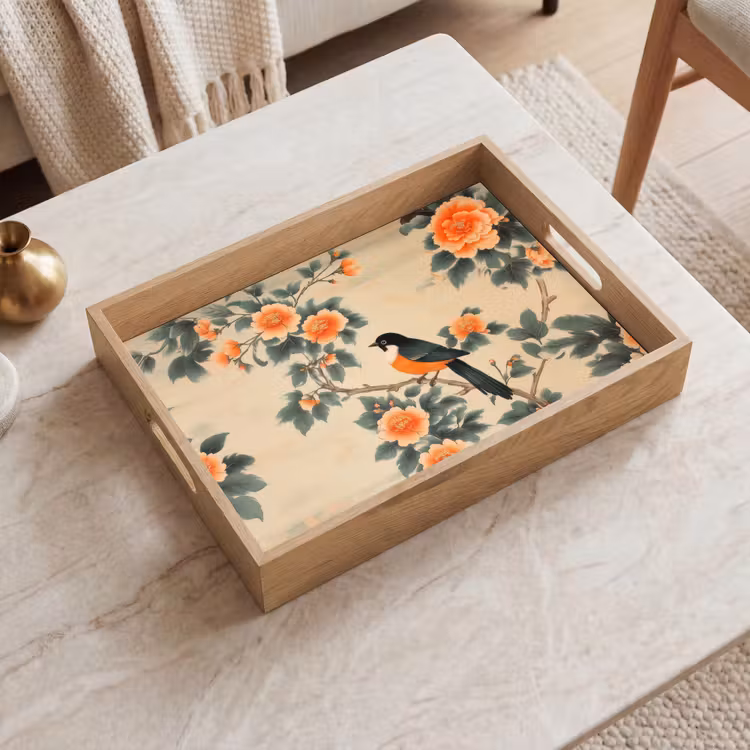 Vogel - Tak - Bloemen - Oranje Dienblad Rechthoek middel -sfeer1