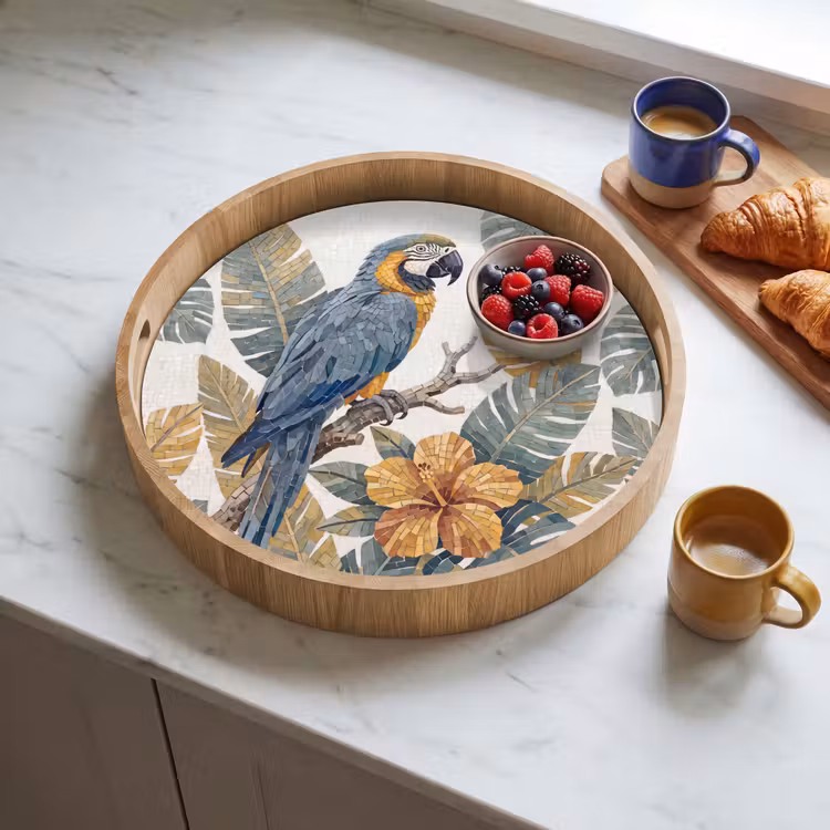 Vogel - Tak - Natuur - Mozaïek - Blauw Dienblad Rond middel -sfeer2