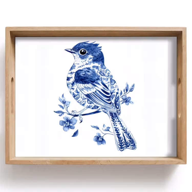 Vogel - Delfts blauw - Illustratie - Bloemen Dienblad Rechthoek middel -z3d_shopping