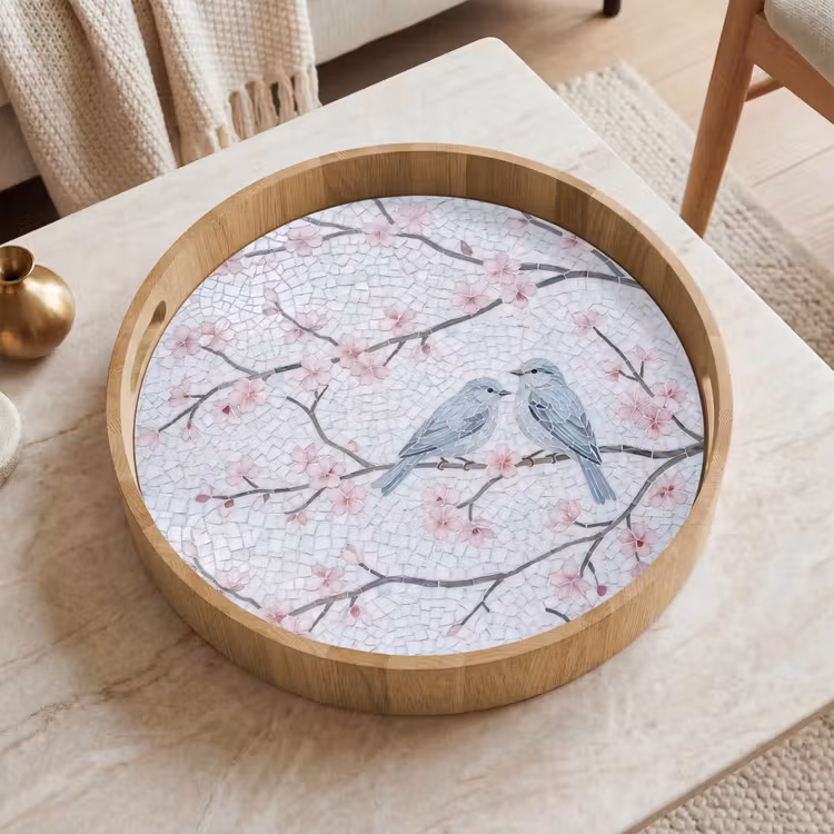 Vogel - Bloemen - Natuur - Mozaïek - Roze Dienblad Rond middel -sfeer1