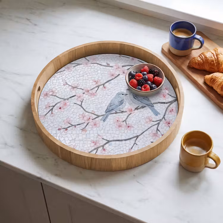Vogel - Bloemen - Natuur - Mozaïek - Roze Dienblad Rond middel -sfeer2