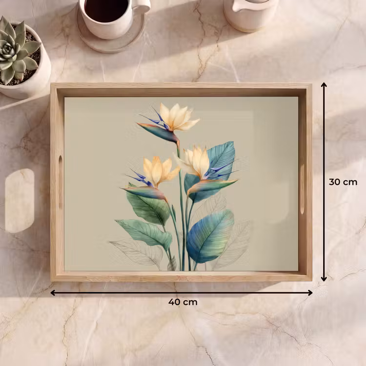 Paradijsvogelbloemen - Blauwgroene bladeren - Beige Dienblad Rechthoek middel -USP_Formaat