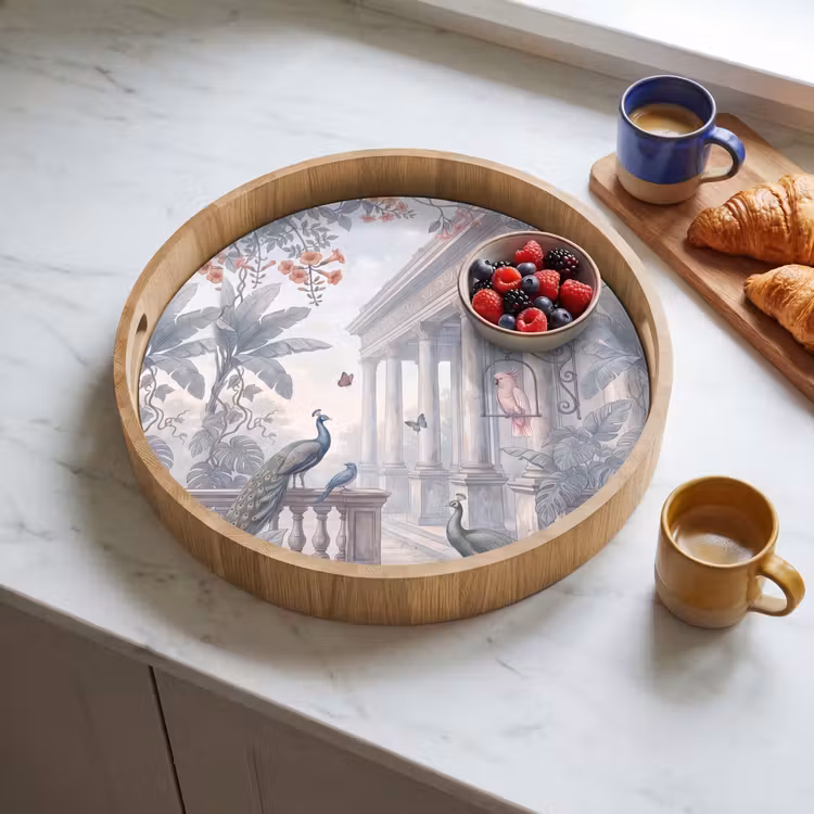 Vogel - Pauw - Architectuur - Klassiek - Groen Dienblad Rond middel -sfeer2