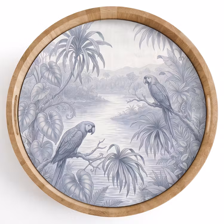 Vogel - Rivier - Tropisch - Illustratie - Blauw Dienblad Rond middel -z3d_shopping