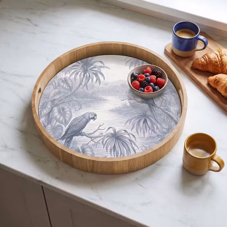 Vogel - Rivier - Tropisch - Illustratie - Blauw Dienblad Rond middel -sfeer2