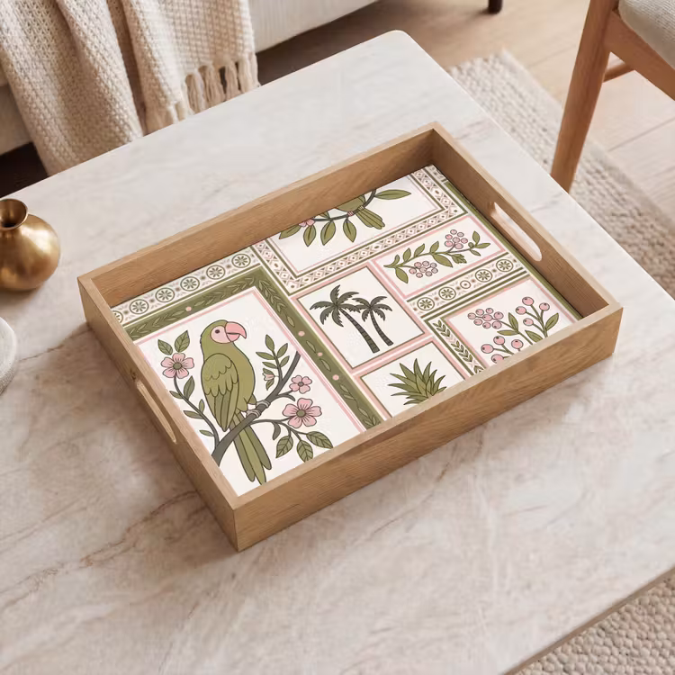 Vogel - Tropisch - Patroon - Decoratief - Groen Dienblad Rechthoek middel -sfeer1