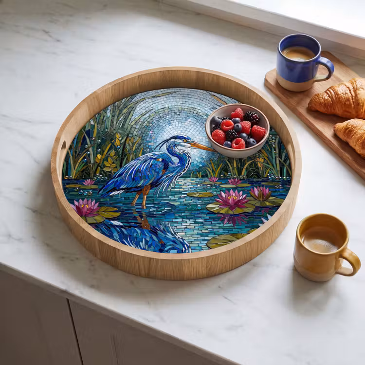 Vogel - Water - Natuur - Abstract - Blauw Dienblad Rond middel -sfeer2