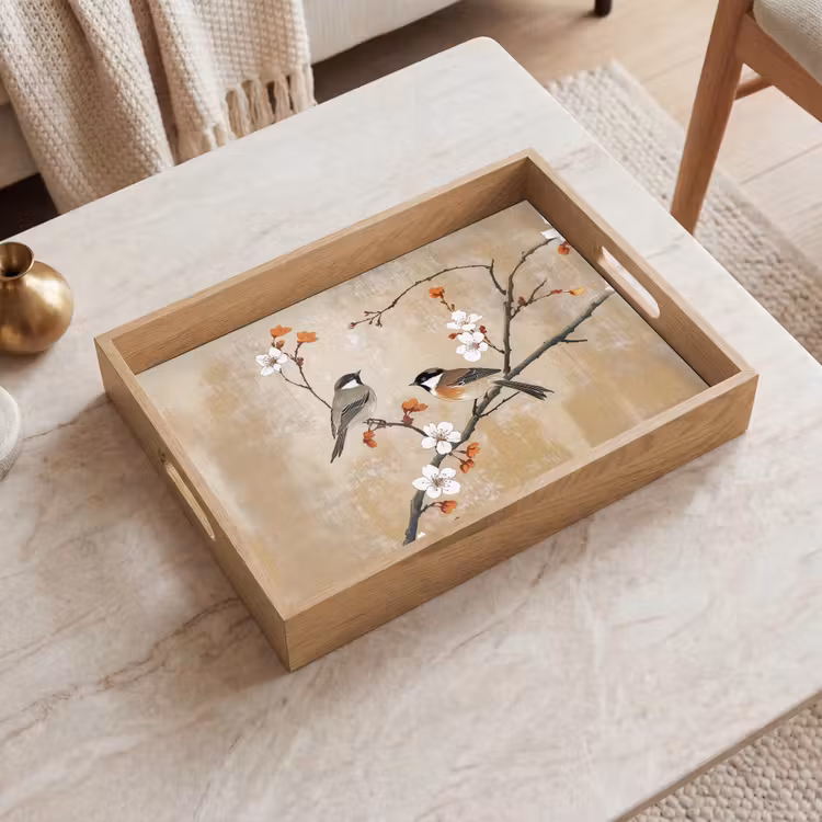 Vogels - Bloesemtak - Bloemen - Oranje Dienblad Rechthoek middel -sfeer1