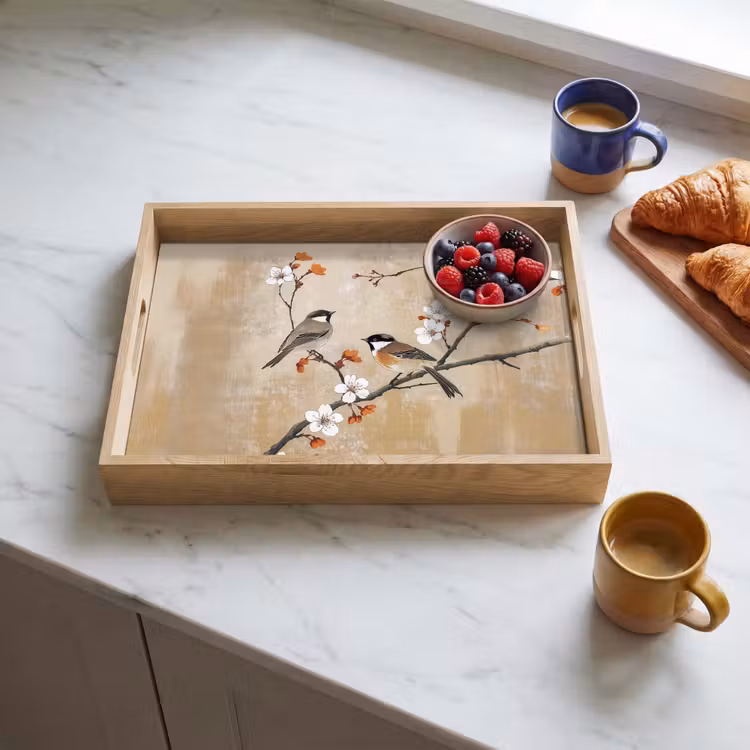 Vogels - Bloesemtak - Bloemen - Oranje Dienblad Rechthoek middel -sfeer2
